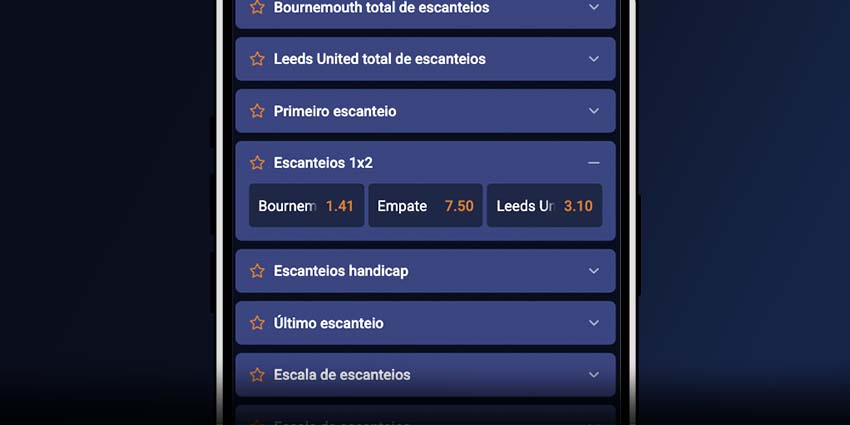 Interface da Apostou exibindo mercado de escanteios 1x2 com opções para time da casa, empate ou visitante.