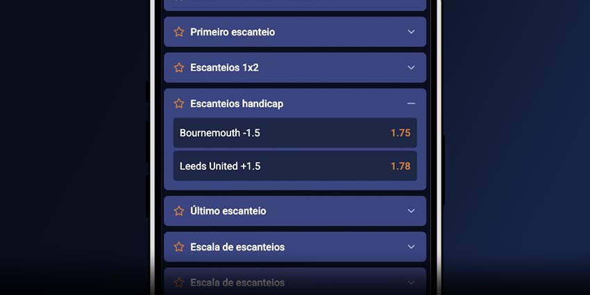 Mercado de handicap de escanteios na Apostou com linha -1.5 e +1.5 exibida na interface.