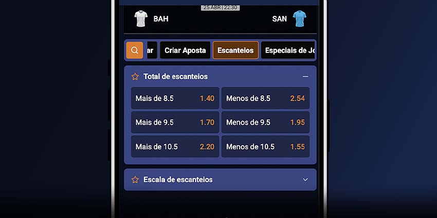 Interface da Apostou exibindo mercado de total de escanteios com linhas como 8.5 e opções Mais de e Menos de.